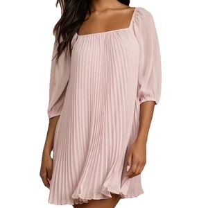 Lulus Mini Dress Blush Pleated Puff Sheer Sleeve Chiffon Small Wedding Guest
